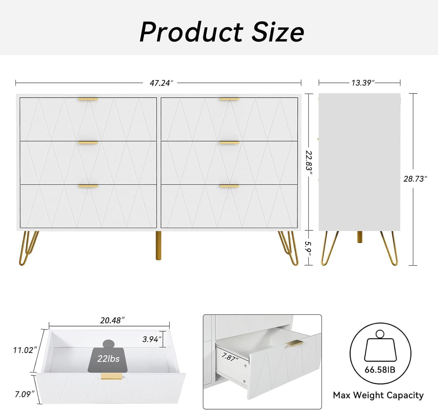 Anbuy Bedroom Sets White Sets 3 Piece, Night Stand Sets and Large 6 Drawer Dresser for Bedroom, Two Drawers Nightstand Set of 2 & 6 Drawer Dresser Combo 3 Pieces (White)