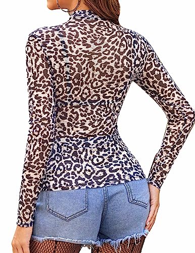 Avidlove Mesh Top for Women Long Sleeve See Through Shirt Mock Neck Sheer Blouse Clubwear Party XS-XXL
