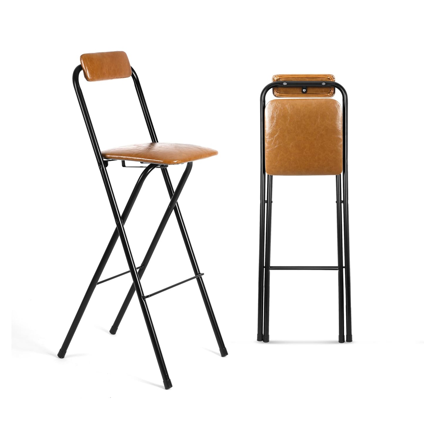 CroBlissful 1 Pcs 25.5'' Folding Bar Stool with Back Tall Brown Leather Folding Stool Cushioned Padded Folding Counter Height Stool Collapsible Portable Barstools for Adults Kitchen Cafe Guitar