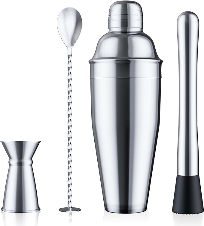 Blue River Water 24oz Cocktail Shaker Set - Martini Shaker w Built-in Drink Shaker Strainer, Muddler, Jigger, Mixing Spoo...