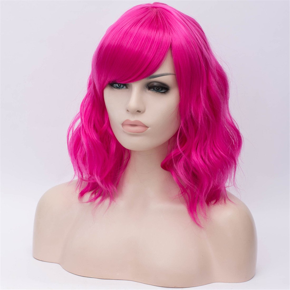 BUFASHION 14 Women's Pink Wavy Curly Wig - Heat Resistant Synthetic Hair, Bob Style with Side Bangs - Halloween, Cosplay & Party