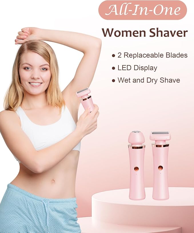 Facial Hair Remover for Women - 2-in-1 Electric Painless Face Hair Removal Shaver Device - Waterproof Face Trimmer & Body Epilator - Rechargeable Razor with 2 Heads for Lips Arms Legs Bikini Body