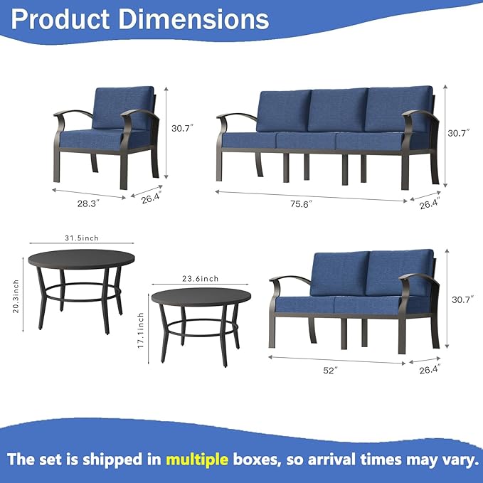 RTDTD Aluminum Outdoor Patio Furniture Set,7 Seats Patio Conversation Sets with 2 Round Coffee Tables,Metal Patio Sectional Furniture Set with 5.1" Thickened Cushions,Navy Blue