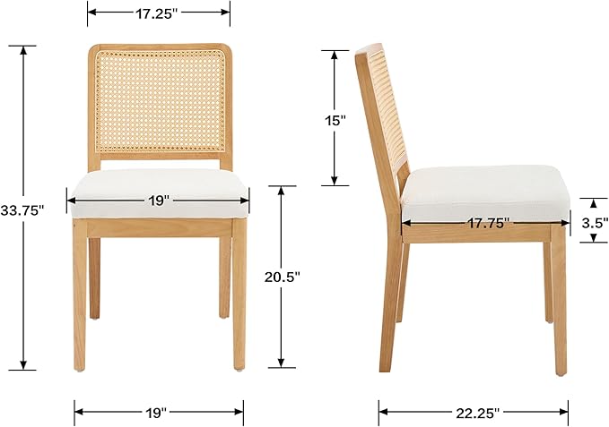 Wahson Mid Century Modern Dining Chairs Set of 2, French Country Modern Style, Rectangle Cane Upholstered Kitchen Chairs with Natural Wooden Legs, White Chenille