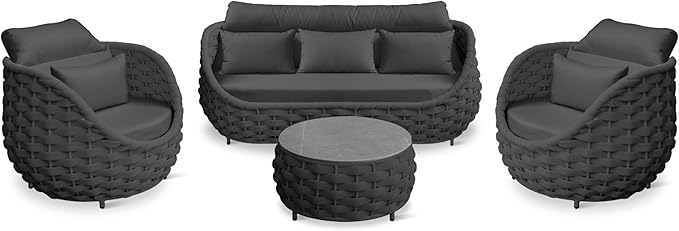 Erotr Woven Rope Patio Furniture Set: 4 Pieces Aluminum Outdoor Conversation Sofa Set Assembled - Modern Couch Set Cushioned - All Weather Metal Porch Seating for 5 Person Deck Garden Hotel, Dark Gray