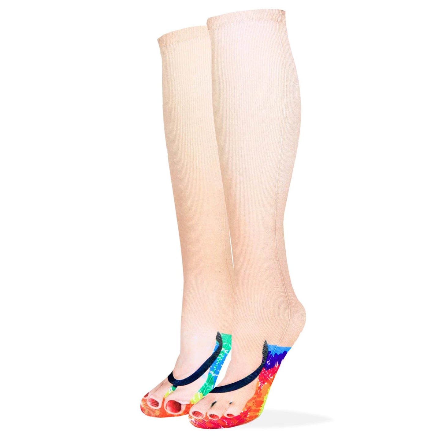 Benefeet Sox Womens Funny Crazy 3D Manicure Flip Flop Print Knee High Socks Novelty Funky Silly Tie Dye Pattern Knee High Stockings for Christmas Halloween Costume Party Cosplay