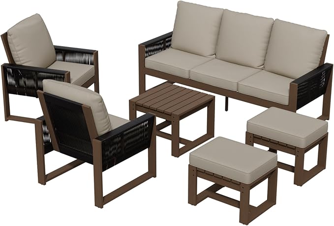 INTER HUT Rustic Hideaway Natural Cedar Wood Outdoor Furniture Set, Wicker Patio Conversation Set for Porch Garden Backyard, Couch, 2 Patio Chairs, Side Table and 2 Ottomans, 6 Piece, Brownish/Beige