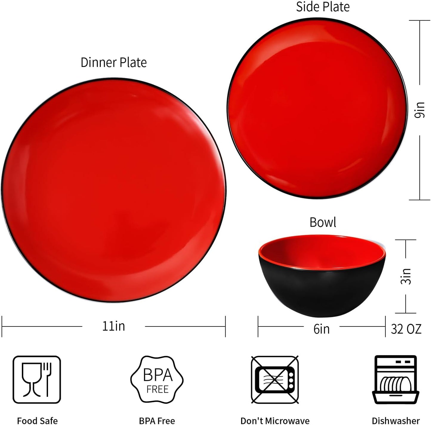 TP 12-Piece Dinnerware Set, Melamine Dishes Set with Bowls and Plates, Non-breakable and Lightweight Dinner Service for 4, Matt Black and Red