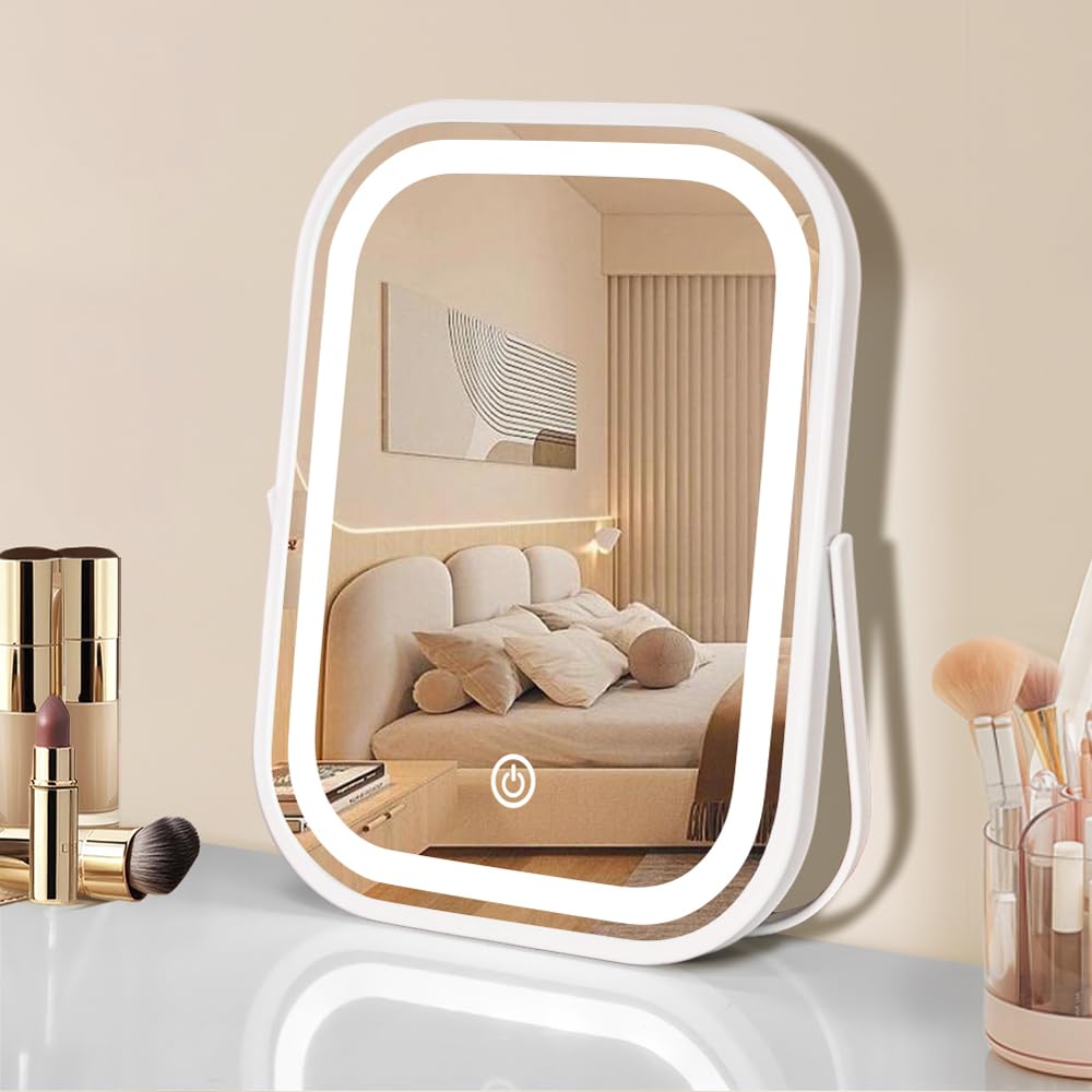 YEKKOPT Rechargeable Vanity Mirror with Lights,8x10 Inch 3 Color Lighting Portable Makeup Mirror with Touch Screen Adjustable LE