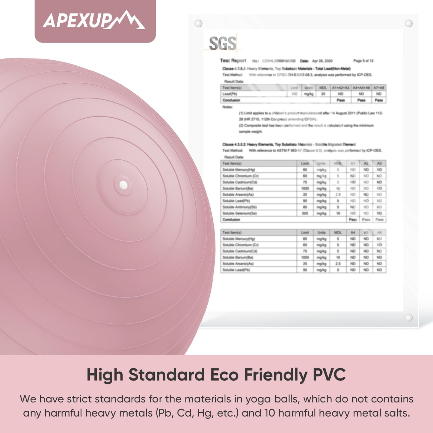APEXUP Yoga Ball Exercise Ball, Anti Slip Stability Ball Chair, Heavy Duty Large Gym Ball for Fitness, Balance, Core Workout and Physical Therapy (M (19"~22) 55cm, Pink)