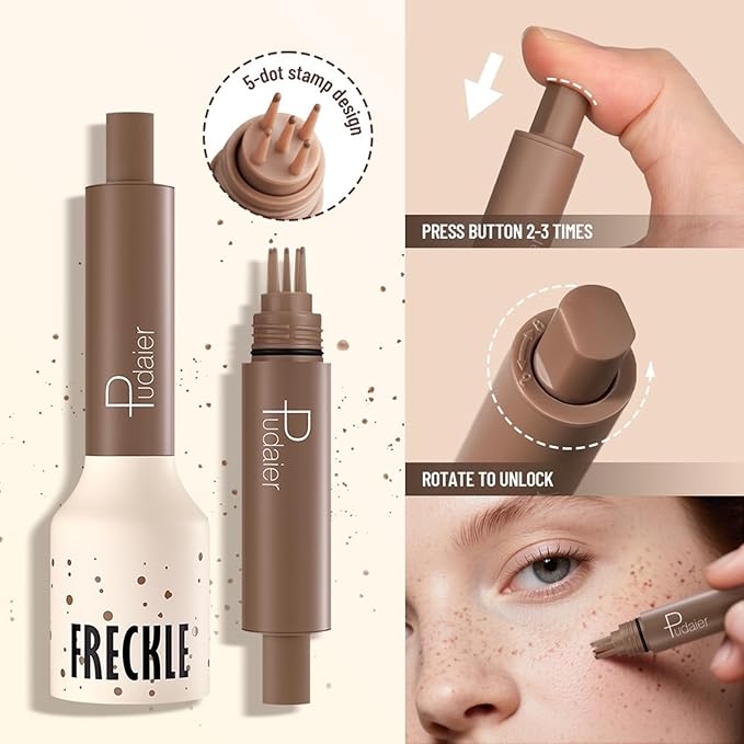 Freckle Stamp,Faux Freckle Stamp,Quick Dry Fake Freckles Pen,Waterproof Long Lasting Natural Vivid Faux Freckles Pen,Get Sun-Kissed Stars Makeup in One Press,5-Dot Design,04.Caramel.