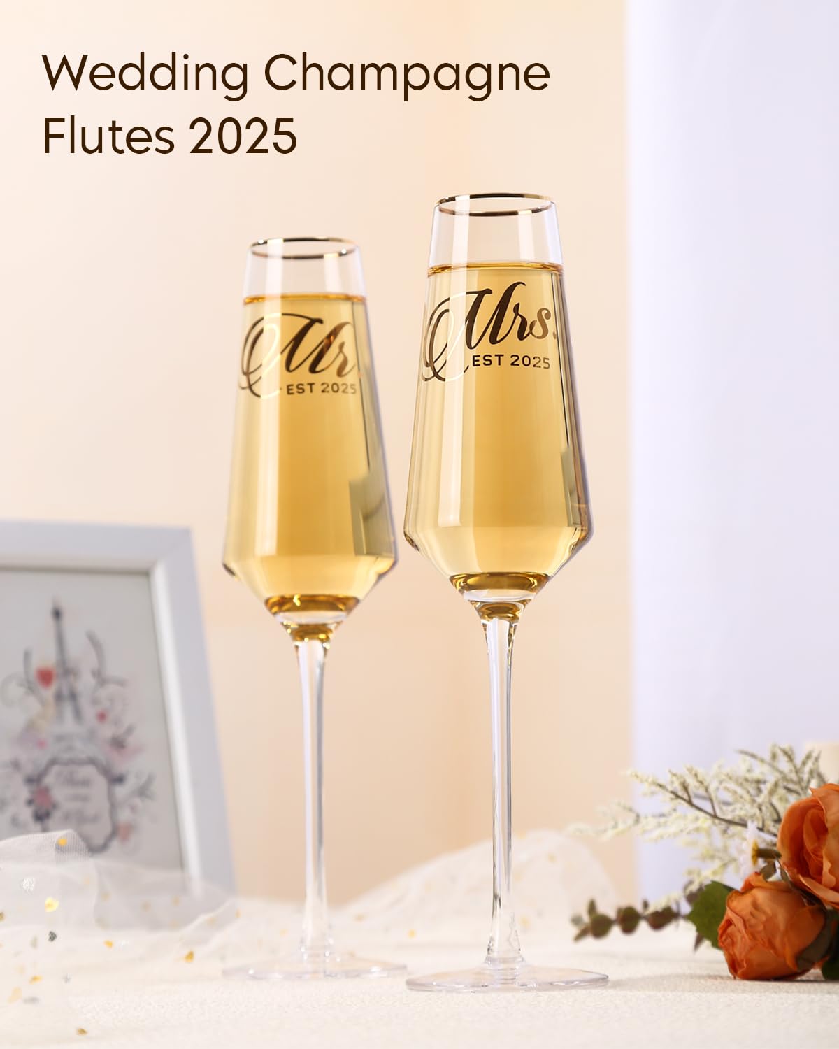 comfit Mr and Mrs Champagne Glasses Set of 2, Long Stem Wedding Champagne Flutes 2025, Bride and Groom Toasting Crystal Glass Set,Engagement Gifts for Couples, Newlyweds, Anniversary,8.5oz