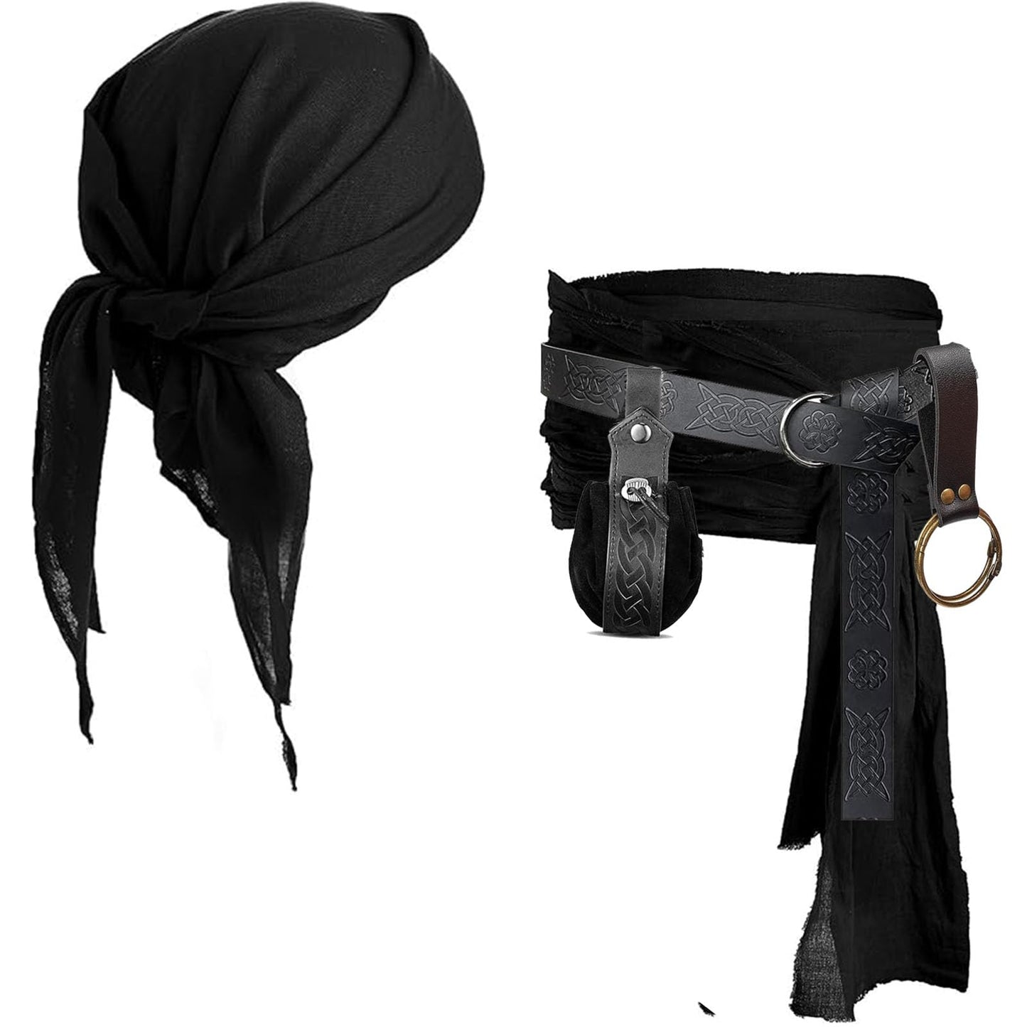 KOTORA Pirate Costume Head Scarf Bandana Hat Waist Sash Medieval Belt Pouch Gold Coin Purse Festival Dress Halloween Accessroy (Black)