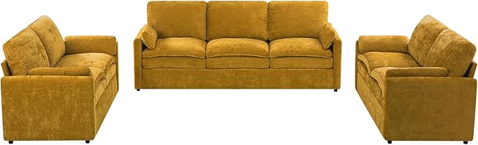 ACMEASE 3 Pieces Chenille Sofa Set w/Arm Pillows, Upholstered 2 Pieces Loveseat & 3 Seater Sofa w/Comfortable Back Cushions, Modern 2-Seat & 3-Seat w/High-Density Foam for Living Room, Yellow