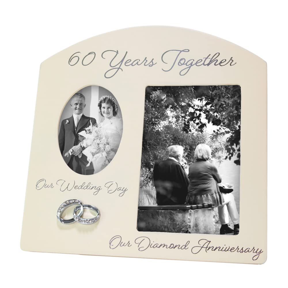 Happy Homewares Contemporary 60 Years Together Then and Now Diamond Anniversary Light Beige Frame with Double Silver Rings | Beautiful 60th Anniversary Picture Frame