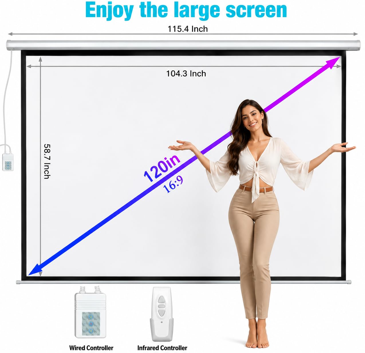 120" Motorized Projector Screen, Electric 16:9 Projector Screen with Remote Control, Indoor/Outdoor HD Movie Screen, Wall/Ceiling Mounted, Perfect for Home Office Theater TV, White