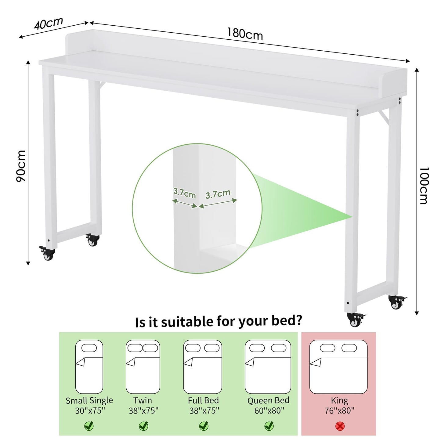 Arlopu Overbed Table with 360° Wheels, Queen Size Mobile Bed Desk with Heavy Duty Metal Leg, Sturdy Laptop Cart & Dining Table for Bedroom, Living Room, Hospital Use (White)