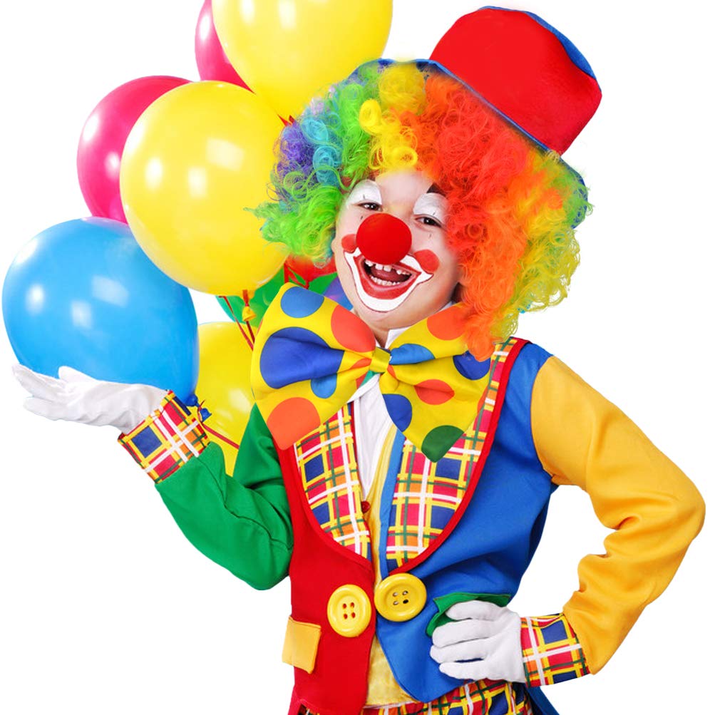 jiebor Clown Costume Set Clown Rainbow Wig Nose Bow Tie White Gloves Accessories for Parties Carnivals Pretend Play Women Men Adults