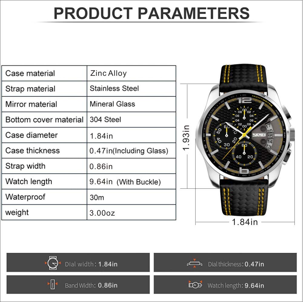 SKMEI Men Watches Black Leather Band Sports Large Big Face Luxury Waterproof Luminous Fashion Dress Casual Analog Quartz Chronograph Father Gifts Wrist Watch