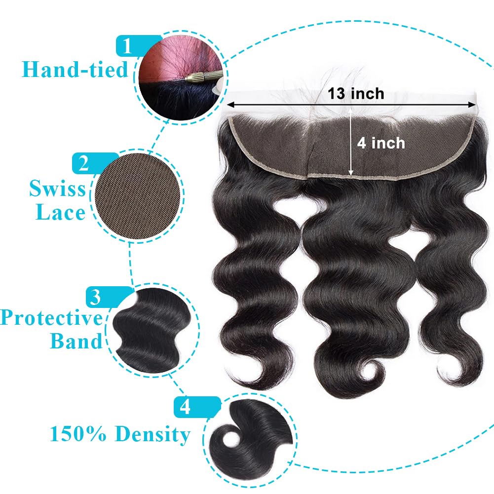 Anjudyreid 13x4 Ear to Ear HD Lace Frontal Closure 12A Unprocessed Brazilian Virgin Body Wave Human Hair 150% Density 12 Inch Fu