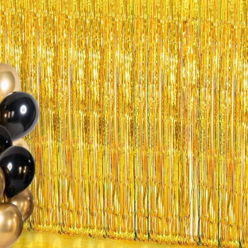 Gold Streamers Backdrop Curtains - 4 Pack of 3.2x8.2ft Gold Foil Fringe Curtain for Birthday Party Decorations