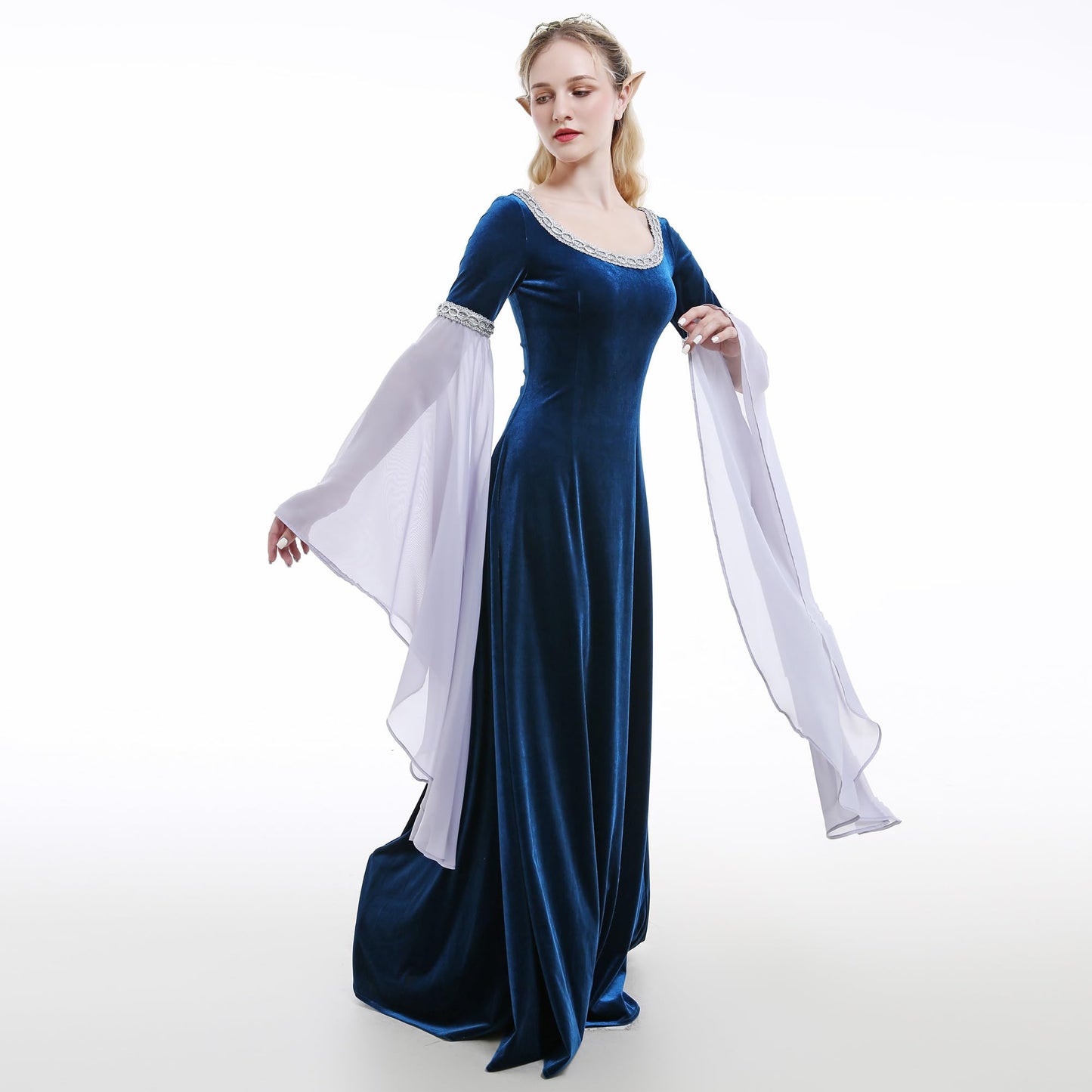 daizbella Medieval Renaissance Costume Dress Handmade Historical Rretro Dress Velvet Gown with Chiffon Sleeves Blue