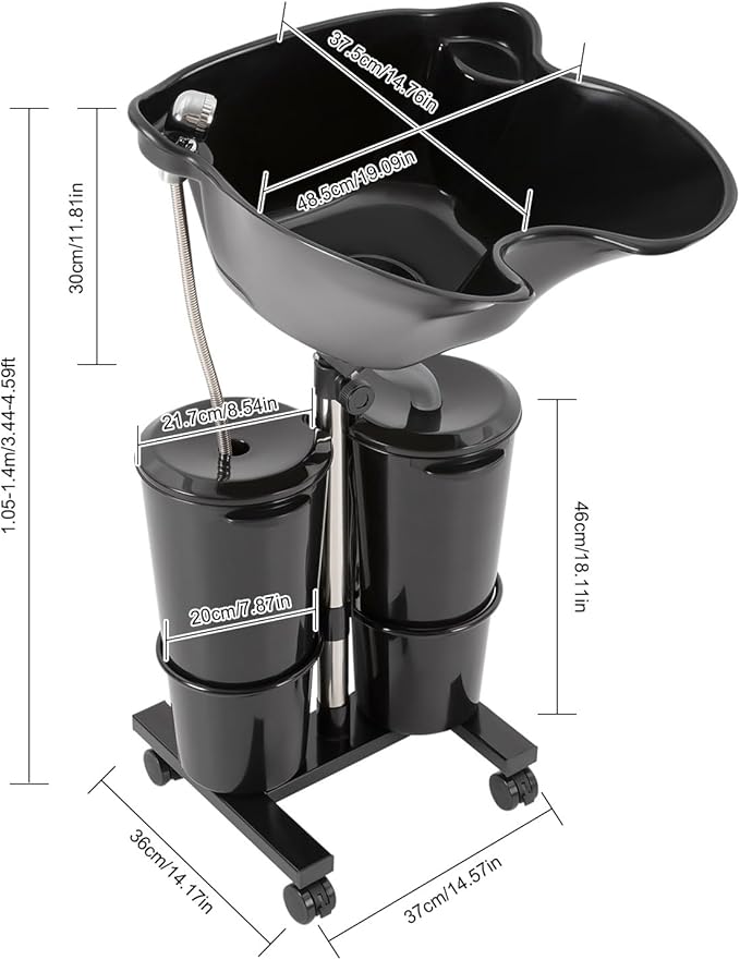 Electric Portable Shampoo Bowl, Height/Angle Adjustable Portable Salon Shampoo Bowl with 2 Buckets Hair Washing Sink with Wheels Shampoo Basin Portable Hair Washing Station