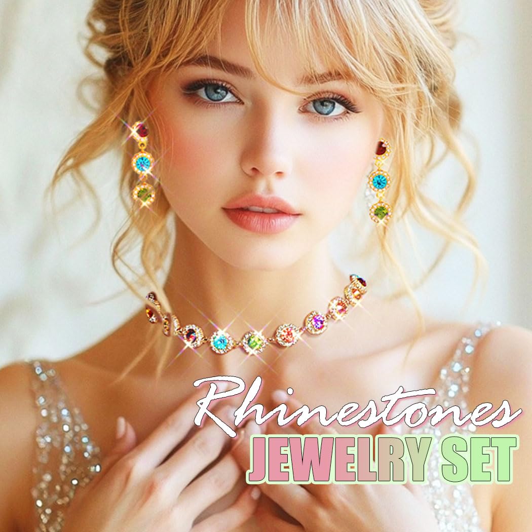 ACEDRE Colorful Crystal Jewelry Sets Gold Sparkly Rhinestone Necklace and Earrings Set Prom Costume Accessory for Women(2PCS)