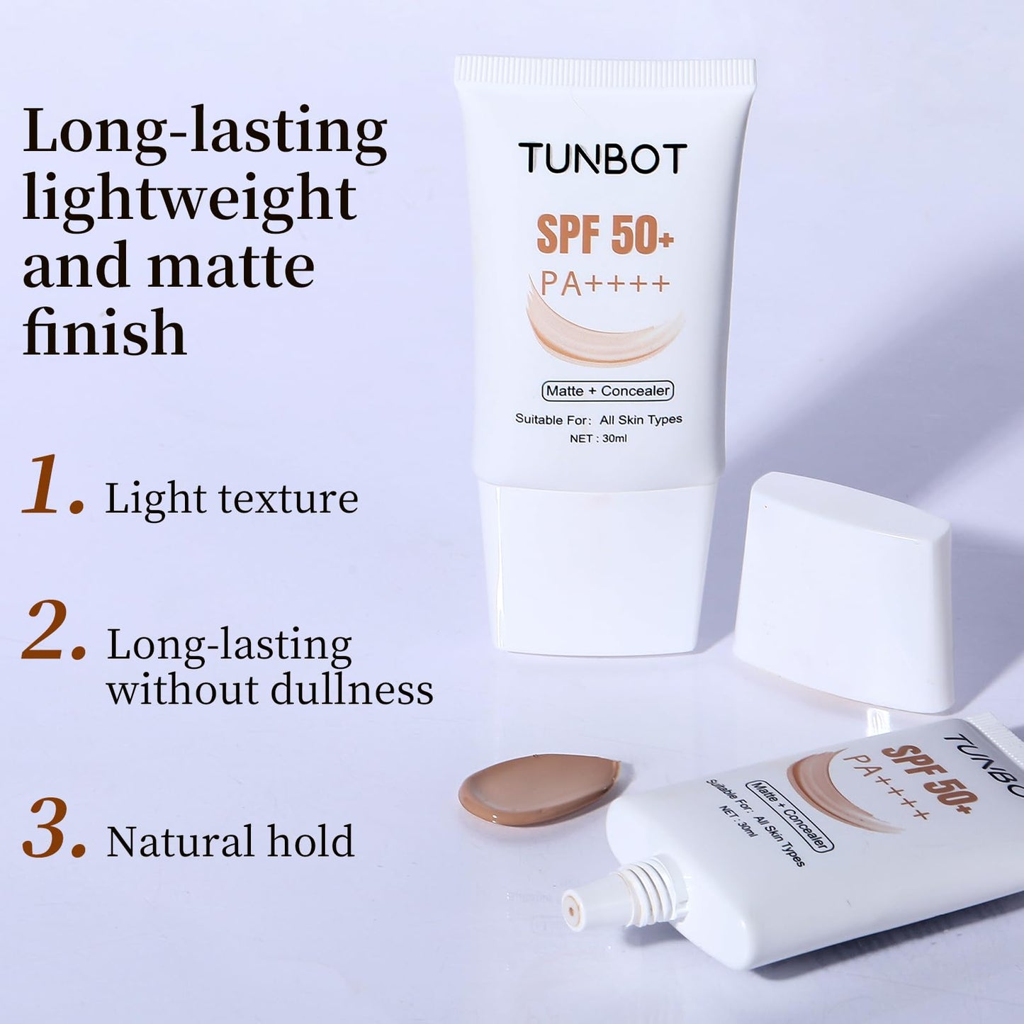 TUNBOT Long Lasting Concealer Foundation, SPF 50, Makeup to Cover Facial Imperfections, Unscented Foundation for All Skin Types