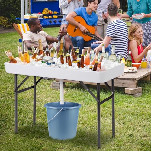 Giantex Folding Ice Table with Drain, 4 ft Portable Cooler with Removable Skirt, No Assembly, Fill and Chill Table for Foo...