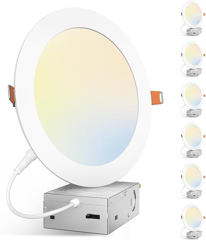 Amico 6 Pack 7 Inch 5CCT Ultra-Thin LED Canless Recessed Ceiling Light with Junction Box, 2700K/3000K/3500K/4000K/5000K Se...
