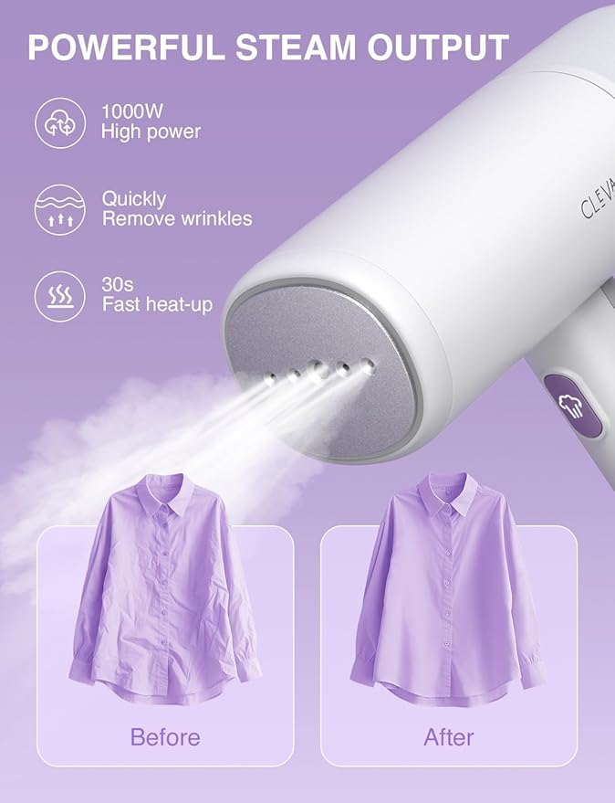 CLEVAST Steamer for Clothes, Portable Garment Steamer, Handheld Foldable Travel Size, Wrinkle Remover, 30-Second Fast Heat Up, 1000W Powerful Steam Output, 120V Only