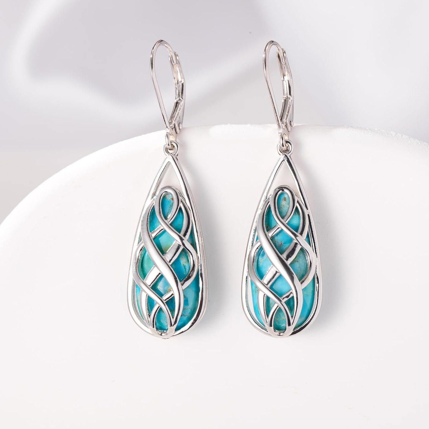 Phyonio Turquoise Earrings for Women, Turquoise Jewelry for Women S925 Sterling Silver Dangle Teardrop Earrings Celtic Design, Boho Jewelry Gift for Friend Lover Mother