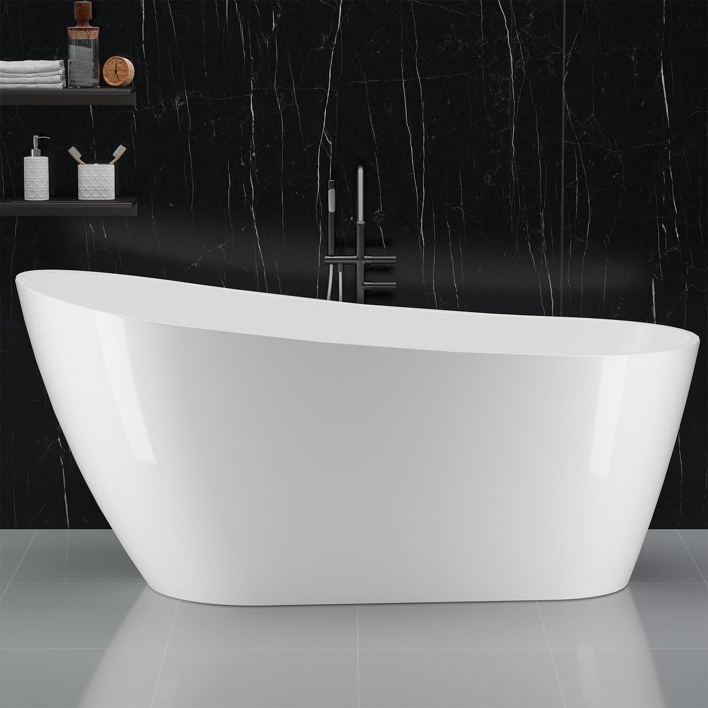 59" Acrylic FreeStanding Tub, Contemporary Deep Soaking Bathtub with Integrated Water Bypass and Drain, Gloss White Stand Alone Bath Tub, cUPC Certified Floor-Mounted Fixture, Gloss White