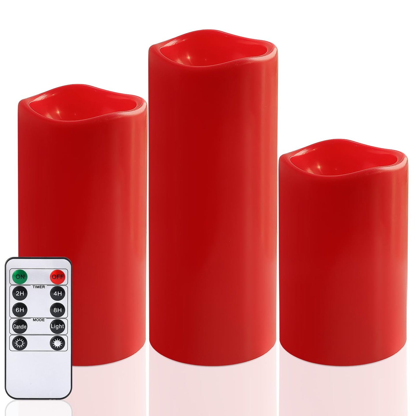 NURADA Large Waterproof Flameless Candles 6" 8" 10" x 4" - Outdoor Indoor LED Pillar Flickering Candle Battery Operated with Timer Remote for Patio Porch Christmas Decor - Red Set of 3