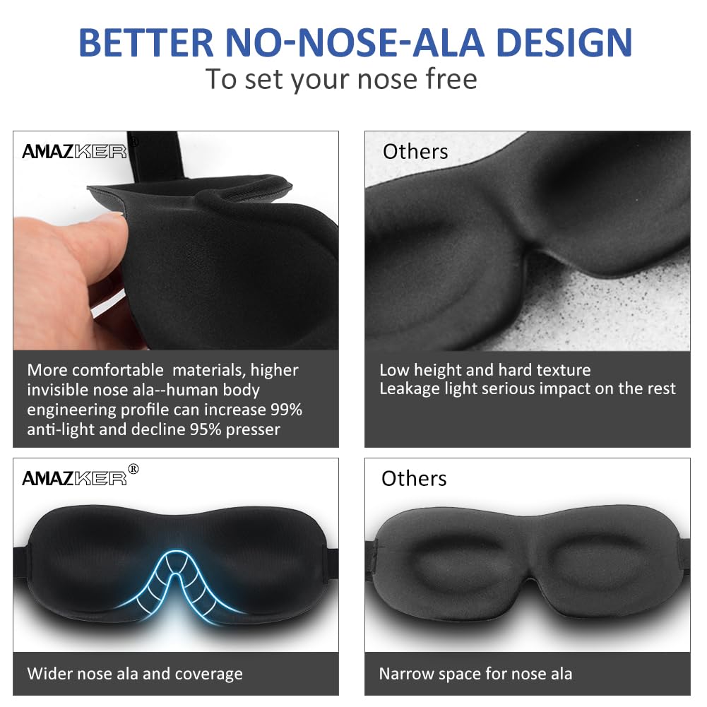 AMAZKER Sleep Mask for Side Sleeper 2 Pack, 3D Contoured Cup Sleeping Mask & Blindfold, Concave Molded Night Sleep Mask, Block Out Light, Soft Comfort Eye Shade Cover for Travel Yoga Nap