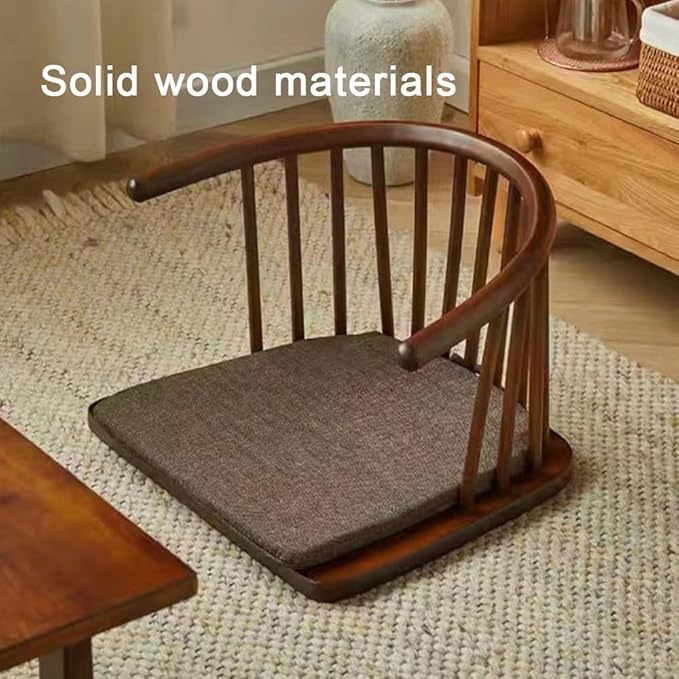 Solid Wood Floor Chair with Curved Back, Multi-Functional Low Stool for Living Room, Bedroom, Meditation Chair with Removable Cushion, Comfortable Legless Accent Chair(Natural)