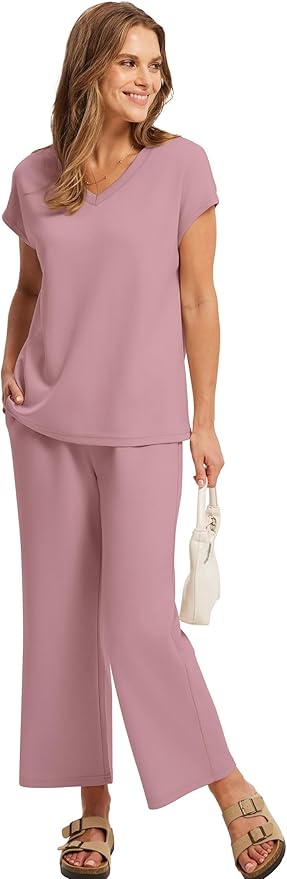 Saloogoe Two Piece Sets for Women Summer Outfits Lounge Sets V Neck Tops Wide Leg Pants Woman Vacation Travel Outfits