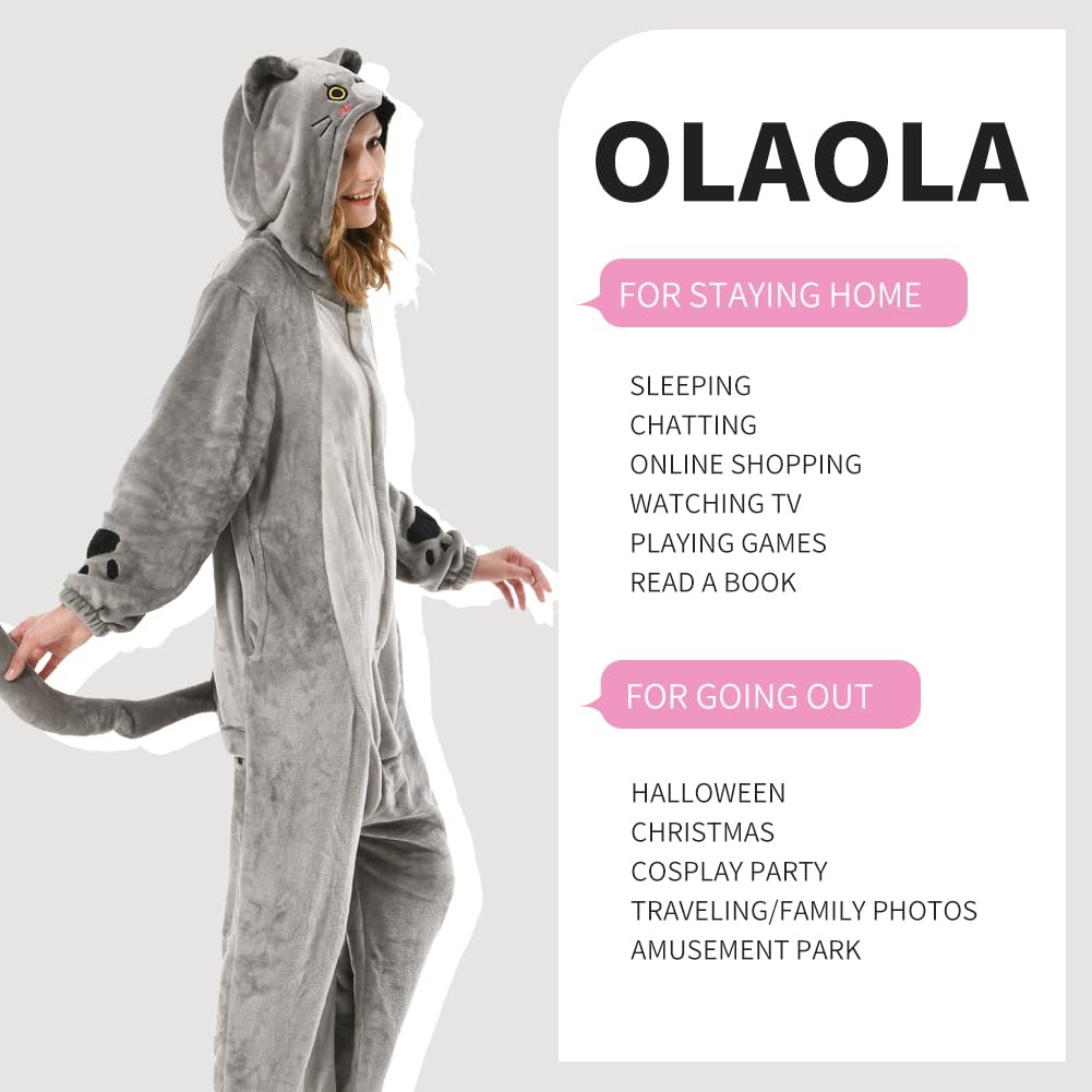 OLAOLA Adult British Shorthair Cat Onesie Animal Pajamas Flannel Homewear Sleepwear Halloween Cosplay Jumpsuit for Women Men