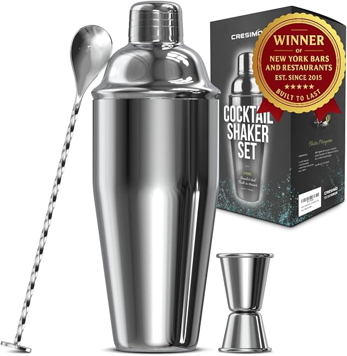 Cresimo 24oz Cocktail Shaker Set with Bar Accessories for Home Bar - Martini Shaker with Jigger and Drink Mixer Spoon - Al...