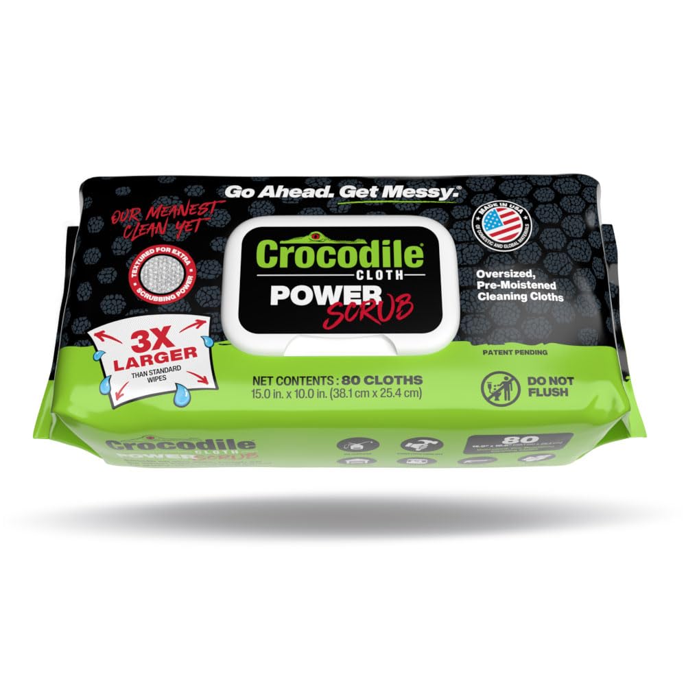 Crocodile Cloth PowerSCRUB Cleaning Wipes – 80 (15" x 10") Dual-Surface Cloths, Heavy-Duty, Moist, Absorbent, & Disposable - Safe on Skin & Multiple Surfaces