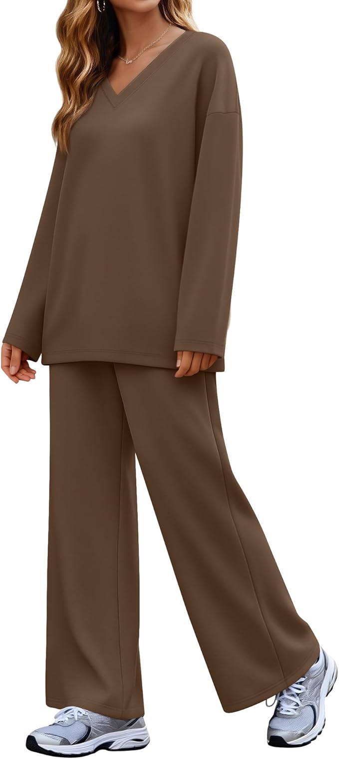 JoyMotion 2 Piece Women's Sweatsuit, V Neck Oversized Tracksuit Wide Leg Pant Fall Lounge Set Long Sleeve Sweatshirts Outfit