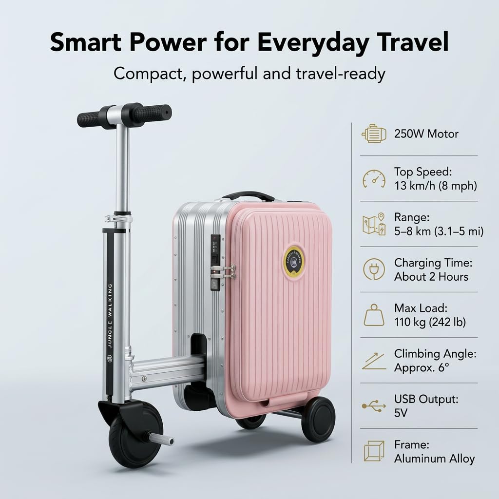 Pink Rideable Suitcase for Adults & Kids, 20" Carry On Electric Luggage with 250W Motor, 8 MPH, 5 Miles Range, Removable 93.6Wh Battery, TSA Lock, USB Charging, Max Load 240 lbs