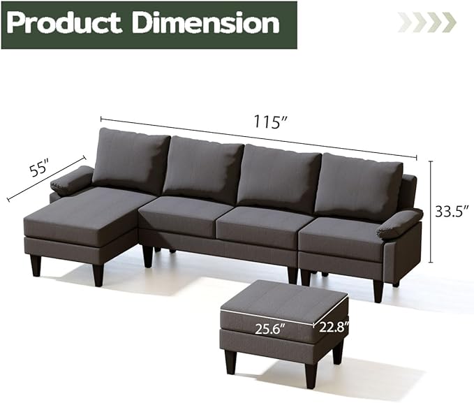 Topcomfy U-Shaped Sectional Couches for Living Room, Convertible 4 Seat Modular Sectional Sofa Set with Ottoman, Modern L Shaped Couch with Chaise for Apartment and Office, Polyester Dark Gray