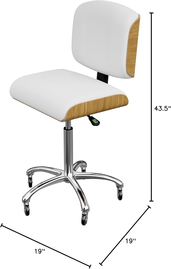 Spa Numa Bentley Beauty Esthetician Nail Salon Stool Rolling Chair with Adjustable Backrest, Flat Square Seat, Metal Bar, Vegan Leather Upholstery for Beauty Exam Office and Home - 1071 (White)
