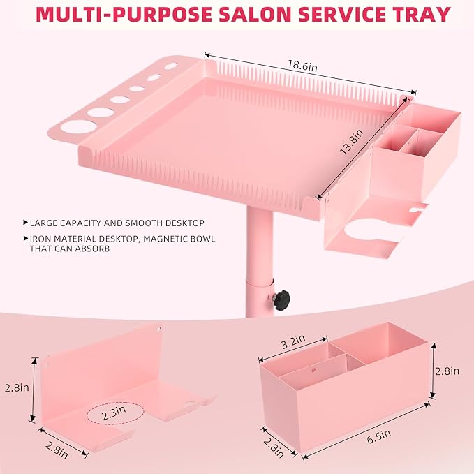 Extension Salon Tray Hair Extension Cart Tray Pink Multi-Function Extensions Rolling Tray with Blow Dryer Holder and Storage Platform