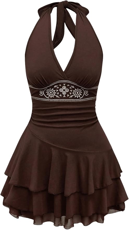 RoseSeek Women's Halter Cowgirl Vintage Mini Dress Embroidery Tie Back Sleeveless Ruched Tiered Layer A Line Dresses