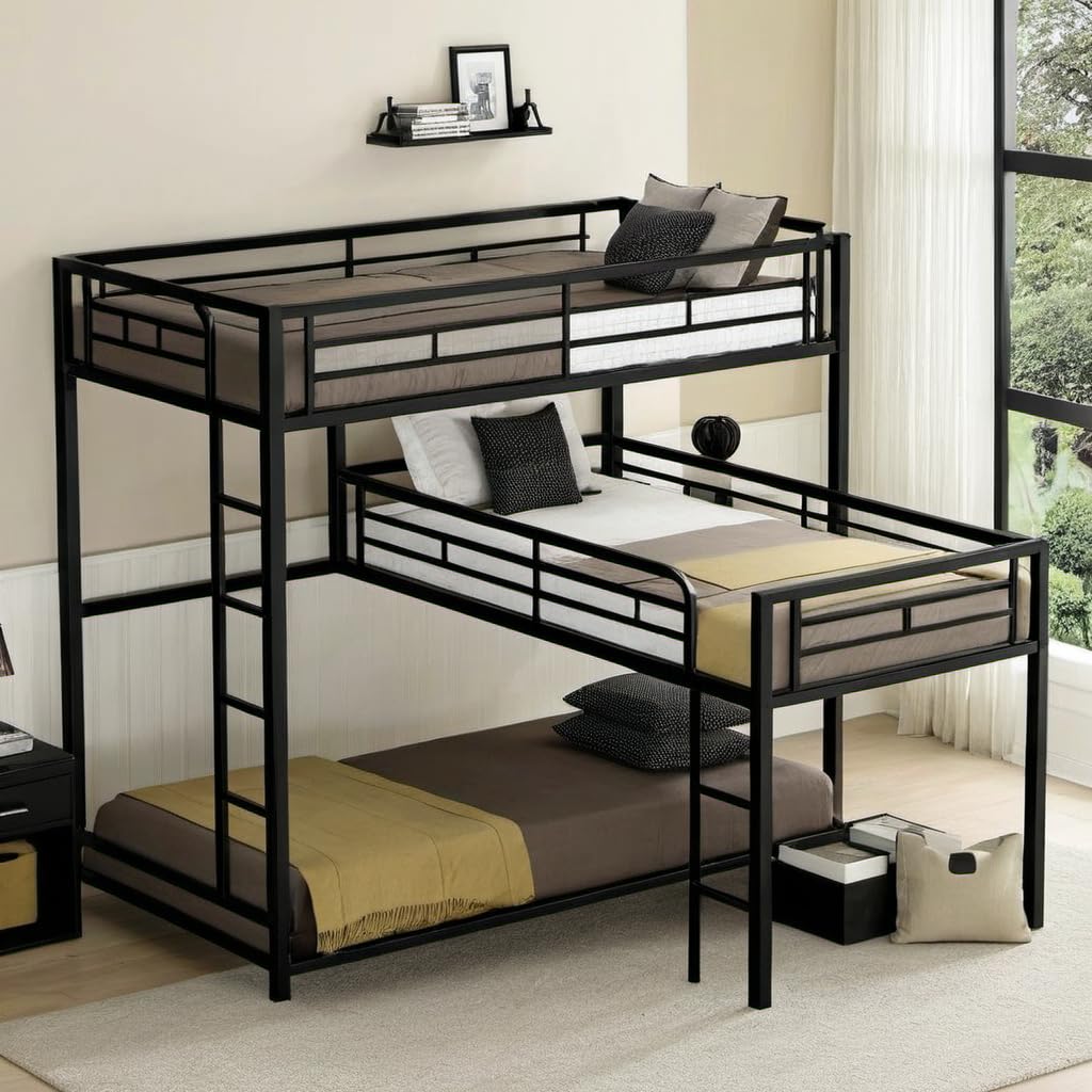 UOCFYK Twin Size L-Shaped Metal Triple Bunk Bed, Triple Bedframe with Ladder & Full-Length Guardrail for Kids Junior Adults, Box Spring Needed, Space Saving, Black