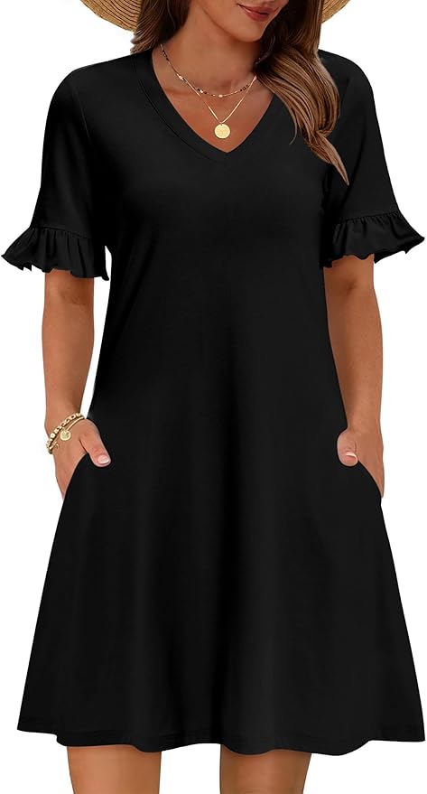 Zeagoo Summer Casual Dresses for Women A Line Sun Dress Ruffle Short Sleeve V Neck Floral Tshirt Dress with Pockets