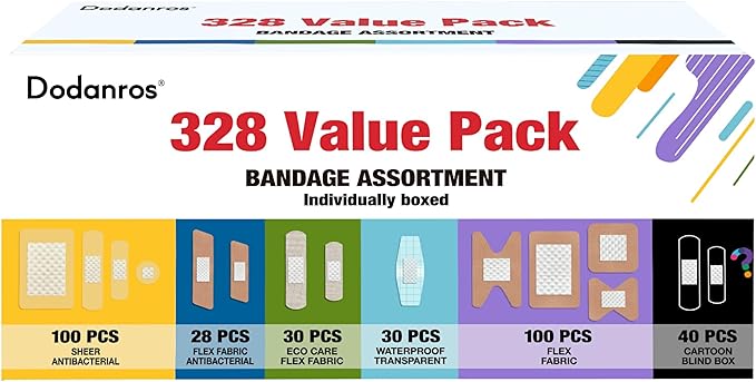 Dodanros Variety Bandages Pack,328ct Assorted Bulk Various Sizes, Shapes &Features | Sheer & Flex Fabric with Benzalkoniu...